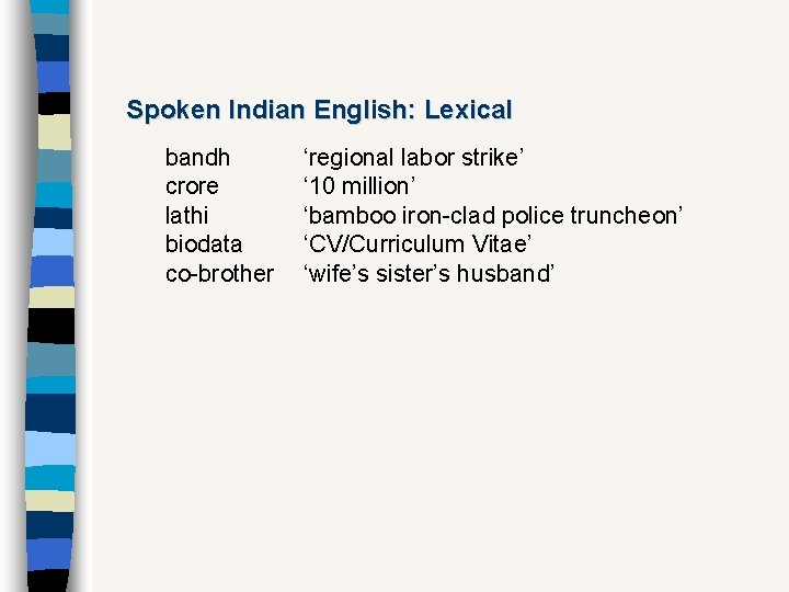 Spoken Indian English: Lexical bandh crore lathi biodata co-brother ‘regional labor strike’ ‘ 10