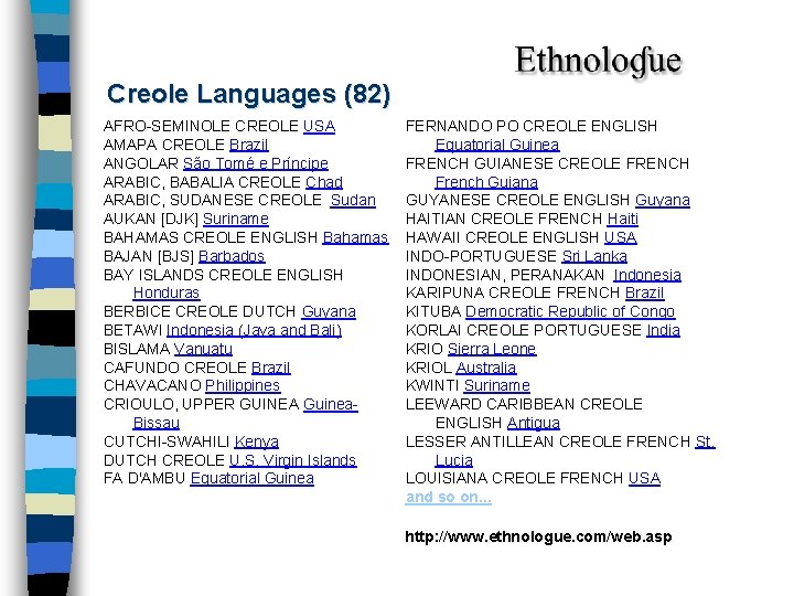 Creole Languages (82) AFRO-SEMINOLE CREOLE USA AMAPA CREOLE Brazil ANGOLAR São Tomé e Príncipe