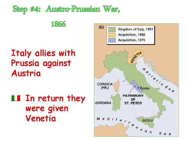 Step #4: Austro-Prussian War, 1866 Italy allies with Prussia against Austria loses control of