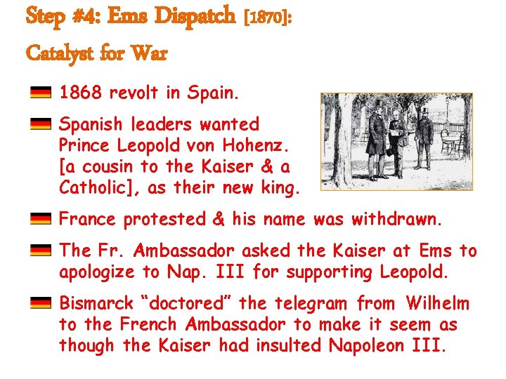 Step #4: Ems Dispatch [1870]: Catalyst for War 1868 revolt in Spain. Spanish leaders