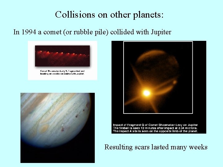 Collisions on other planets: In 1994 a comet (or rubble pile) collided with Jupiter