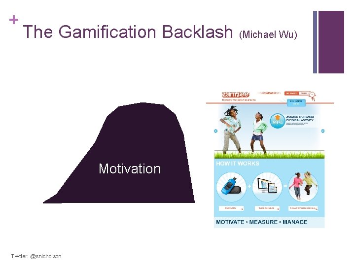 + The Gamification Backlash (Michael Wu) Motivation Long-Term Goals: - Changing Habits - Building