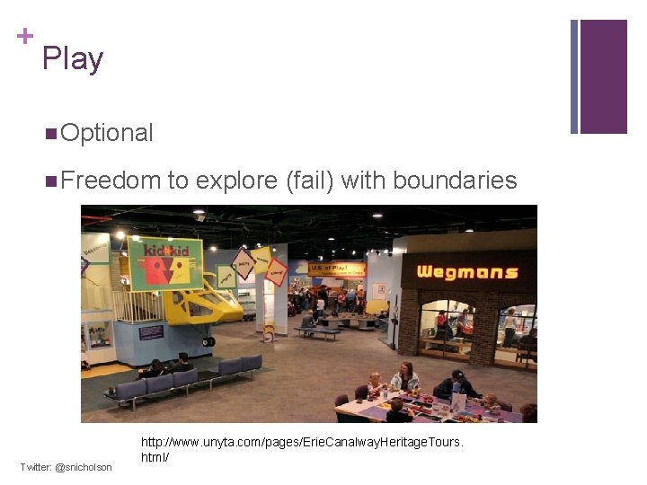+ Play n Optional n Freedom to explore (fail) with boundaries Twitter: @snicholson http: + Play n Optional n Freedom to explore (fail) with boundaries Twitter: @snicholson http: