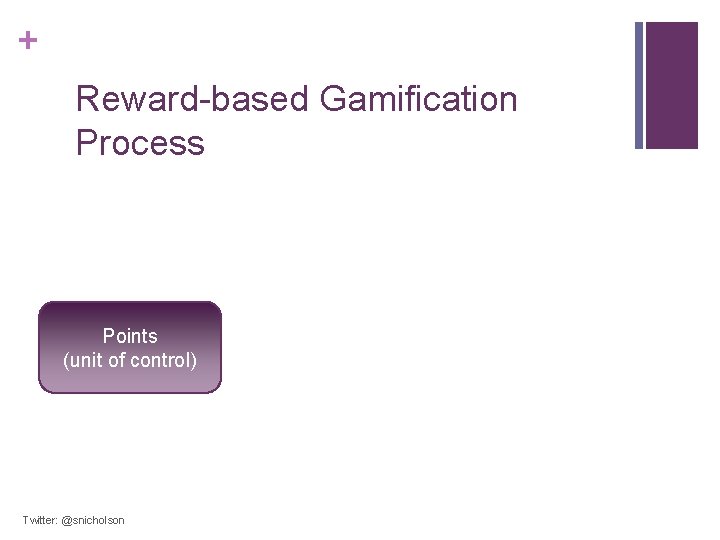 + Reward-based Gamification Process Points (unit of control) Twitter: @snicholson + Reward-based Gamification Process Points (unit of control) Twitter: @snicholson