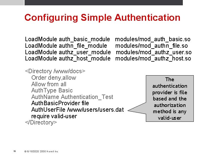 Configuring Simple Authentication Load. Module auth_basic_module Load. Module authn_file_module Load. Module authz_user_module Load. Module