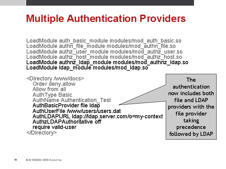 Multiple Authentication Providers Load. Module auth_basic_modules/mod_auth_basic. so Load. Module authn_file_modules/mod_authn_file. so Load. Module authz_user_modules/mod_authz_user.