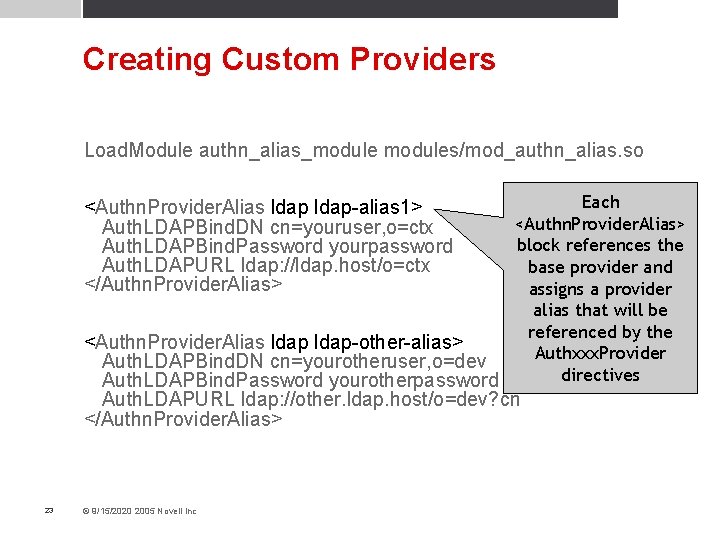 Creating Custom Providers Load. Module authn_alias_modules/mod_authn_alias. so Each <Authn. Provider. Alias> block references the