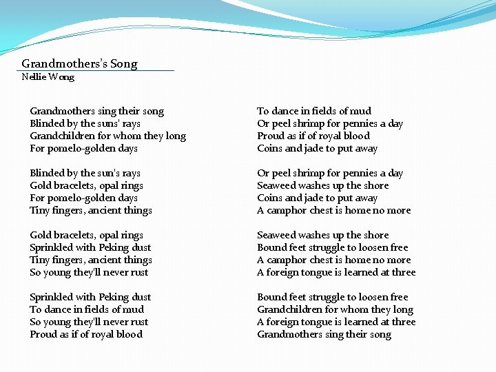 Grandmothers’s Song Nellie Wong Grandmothers sing their song Blinded by the suns’ rays Grandchildren Grandmothers’s Song Nellie Wong Grandmothers sing their song Blinded by the suns’ rays Grandchildren