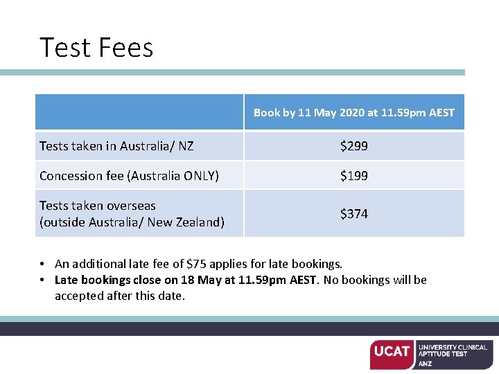 Test Fees Book by 11 May 2020 at 11. 59 pm AEST Tests taken