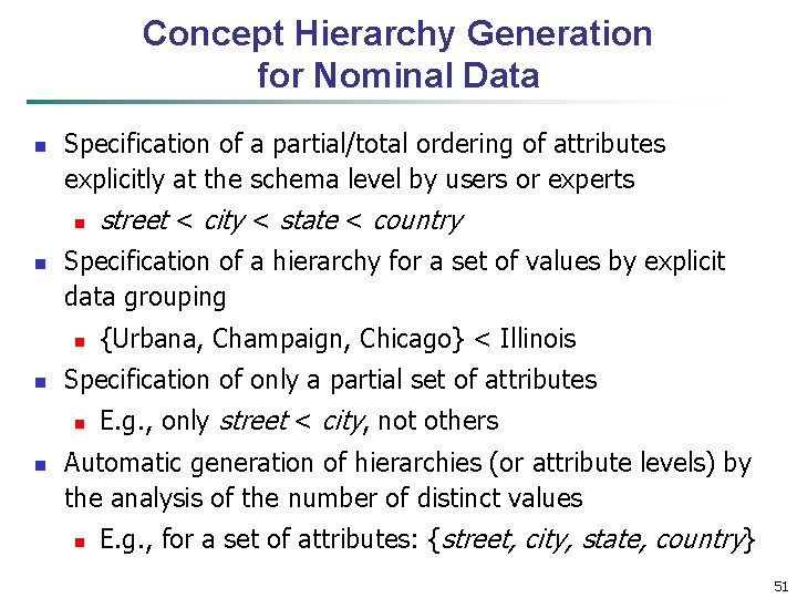 Concept Hierarchy Generation for Nominal Data n Specification of a partial/total ordering of attributes