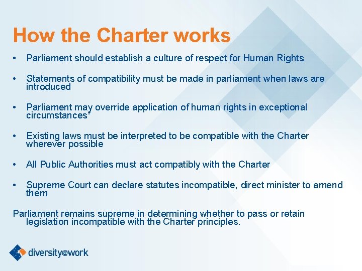 How the Charter works • Parliament should establish a culture of respect for Human