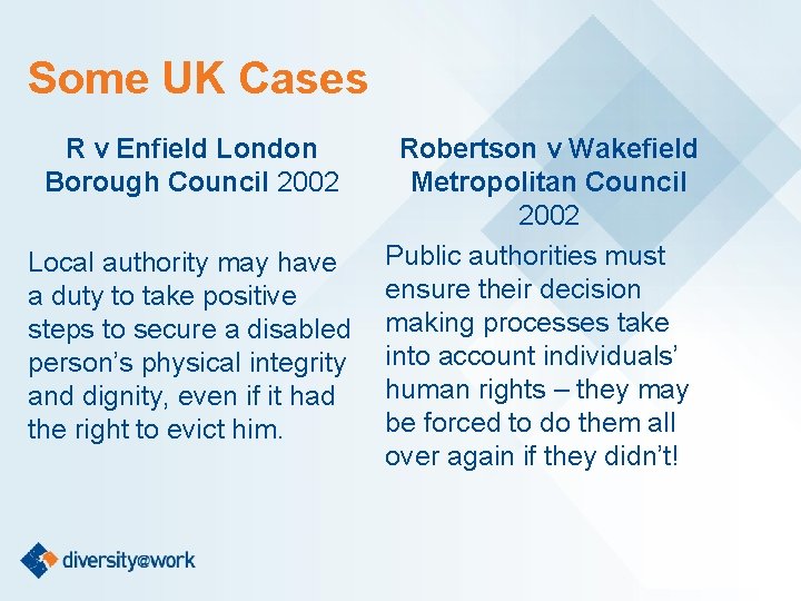Some UK Cases R v Enfield London Borough Council 2002 Local authority may have