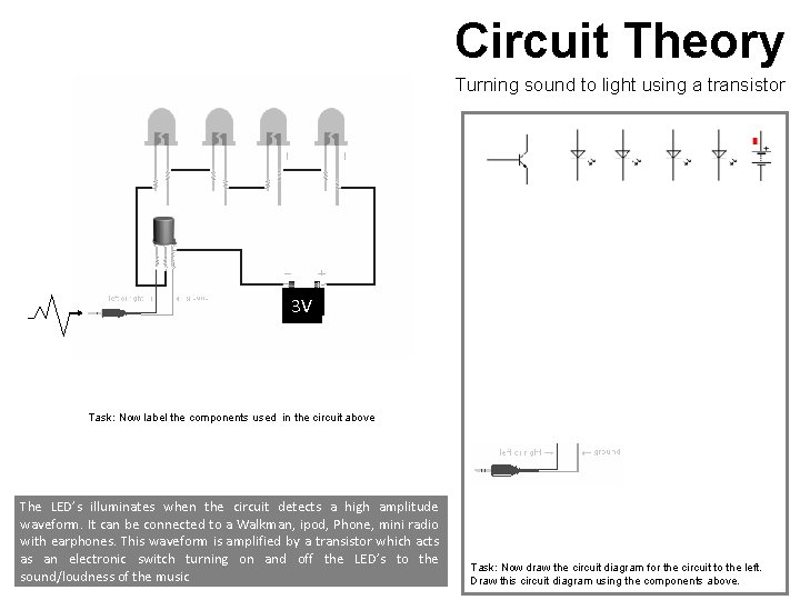 Circuit Theory Turning sound to light using a transistor 3 V Task: Now label