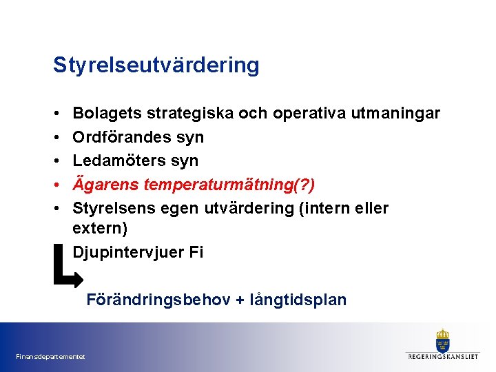 Styrelseutvärdering • • • Bolagets strategiska och operativa utmaningar Ordförandes syn Ledamöters syn Ägarens