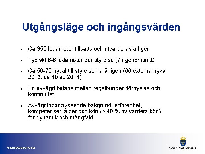 Utgångsläge och ingångsvärden • Ca 350 ledamöter tillsätts och utvärderas årligen • Typiskt 6