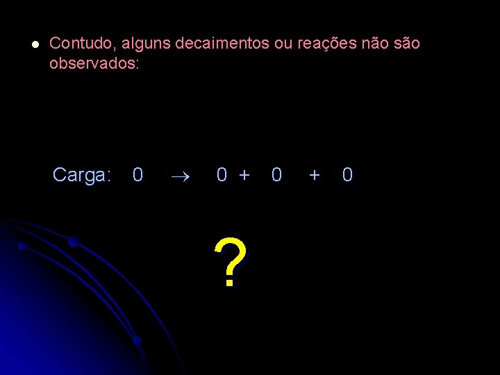 l Contudo, alguns decaimentos ou reações não são observados: Carga: 0 0 + ?