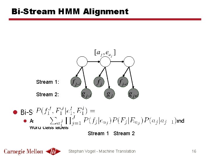 Bi-Stream HMM Alignment Stream 1: Stream 2: l Bi-Stream HMM: l Assume the hidden