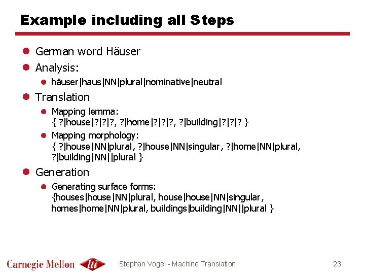 Example including all Steps l German word Häuser l Analysis: l häuser|haus|NN|plural|nominative|neutral l Translation