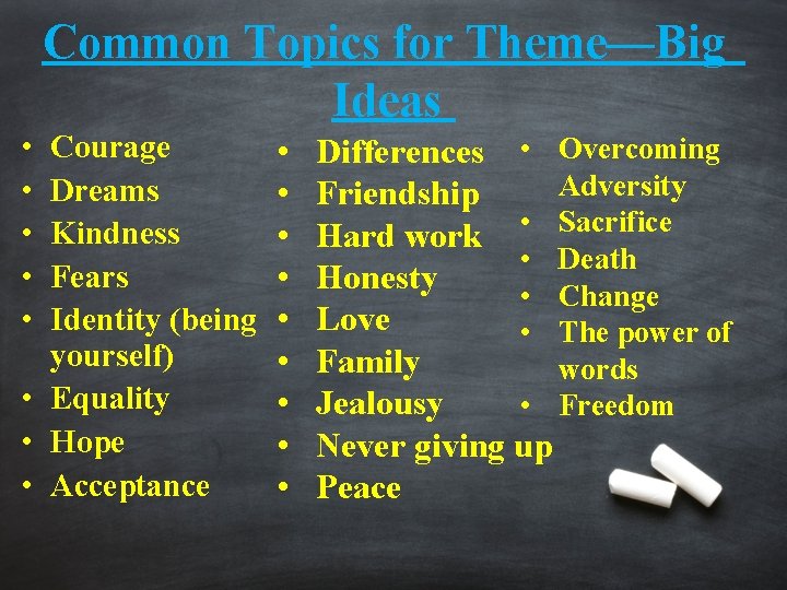 Common Topics for Theme—Big Ideas • • • Courage Dreams Kindness Fears Identity (being