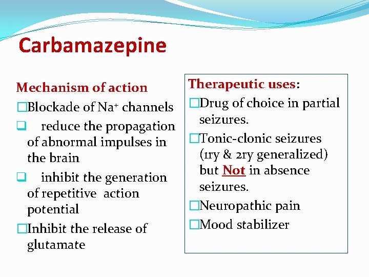 Carbamazepine Mechanism of action �Blockade of Na+ channels q reduce the propagation of abnormal