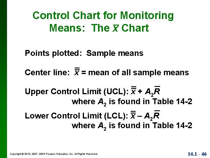 Control Chart for Monitoring Means: The x Chart Points plotted: Sample means Center line: