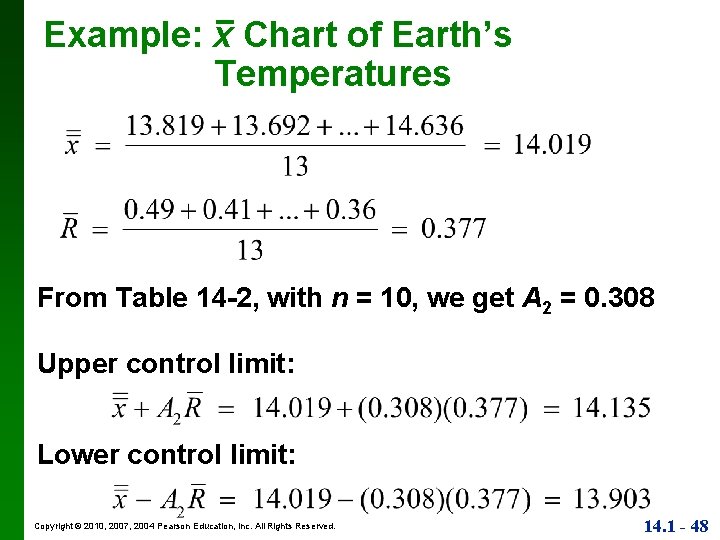 Example: x Chart of Earth’s Temperatures From Table 14 -2, with n = 10,