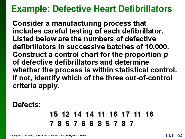 Example: Defective Heart Defibrillators Consider a manufacturing process that includes careful testing of each