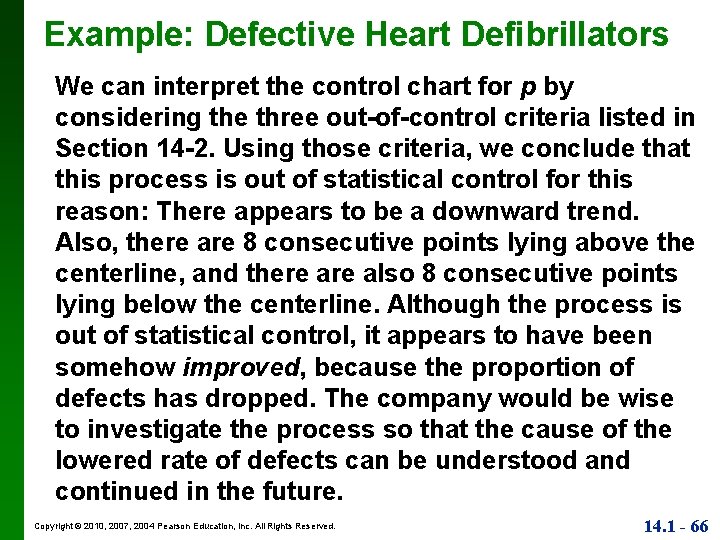 Example: Defective Heart Defibrillators We can interpret the control chart for p by considering
