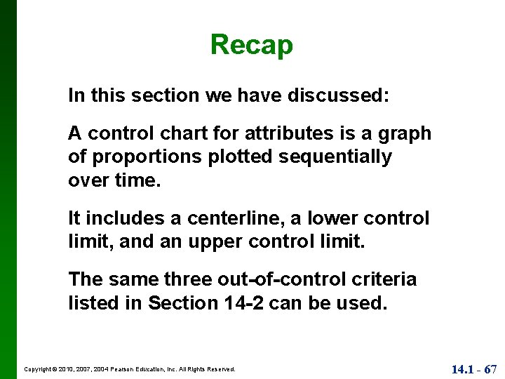 Recap In this section we have discussed: A control chart for attributes is a