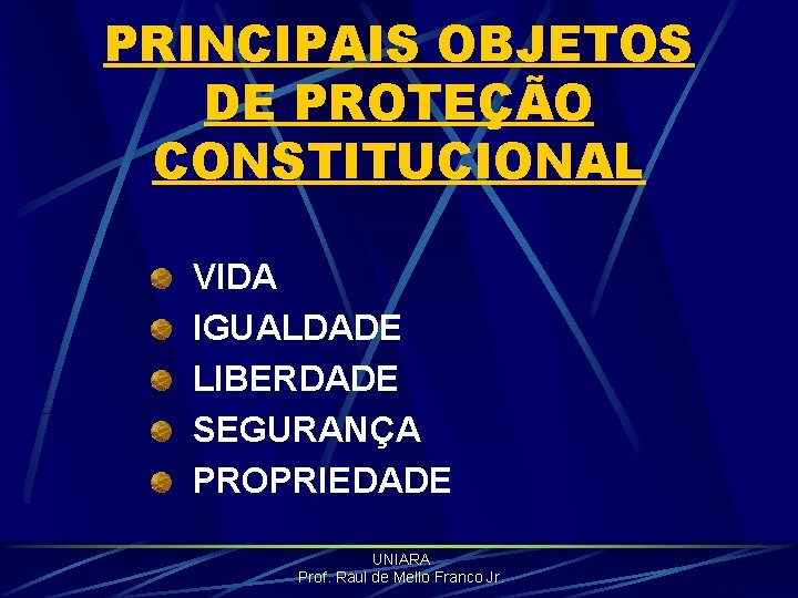 PRINCIPAIS OBJETOS DE PROTEÇÃO CONSTITUCIONAL VIDA IGUALDADE LIBERDADE SEGURANÇA PROPRIEDADE UNIARA Prof. Raul de