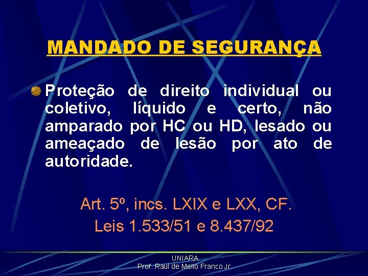 MANDADO DE SEGURANÇA Proteção de direito individual ou coletivo, líquido e certo, não amparado