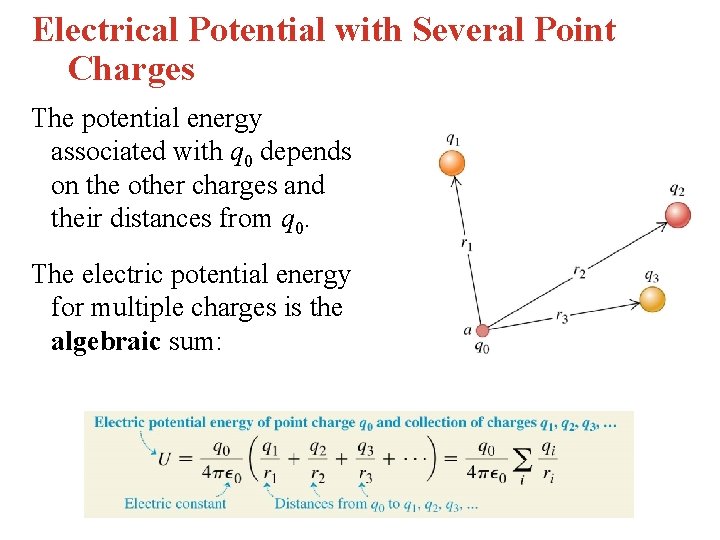 Electrical Potential with Several Point Charges The potential energy associated with q 0 depends