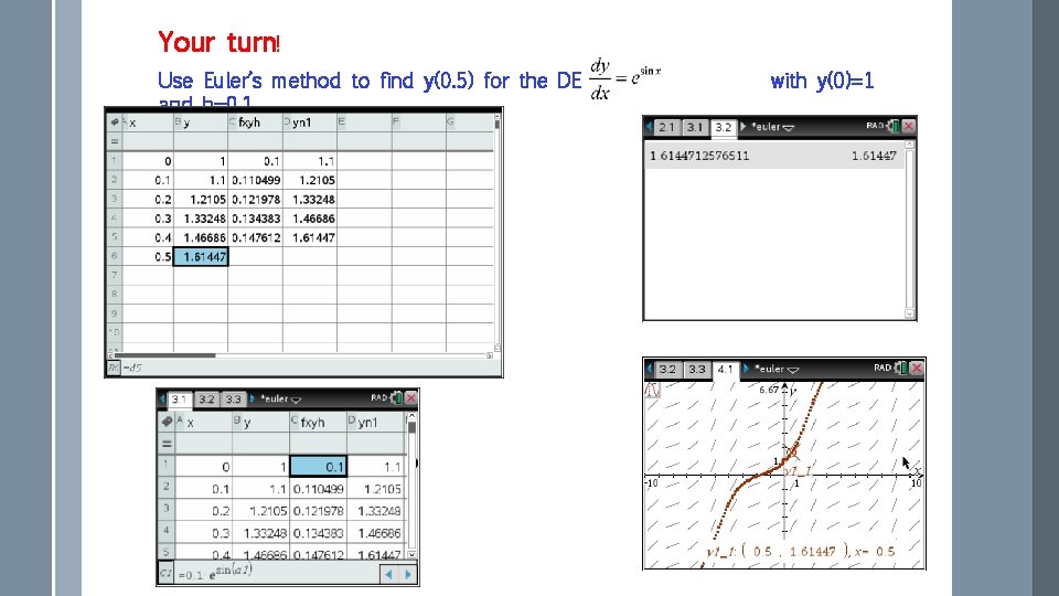 Your turn! Use Euler’s method to find y(0. 5) for the DE and h=0. Your turn! Use Euler’s method to find y(0. 5) for the DE and h=0.