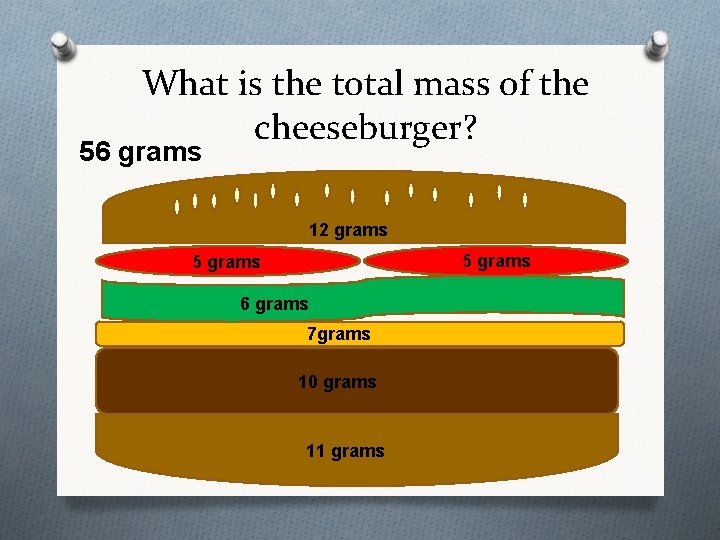 What is the total mass of the cheeseburger? 56 grams 12 grams 5 grams