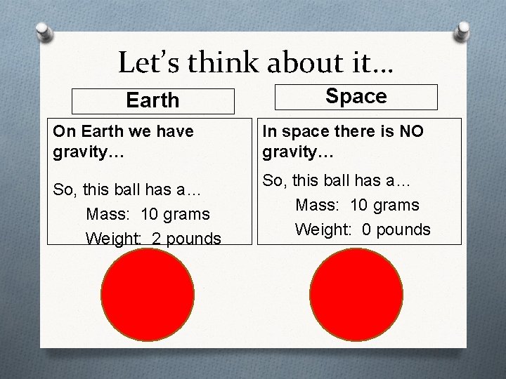 Let’s think about it… Earth On Earth we have gravity… So, this ball has