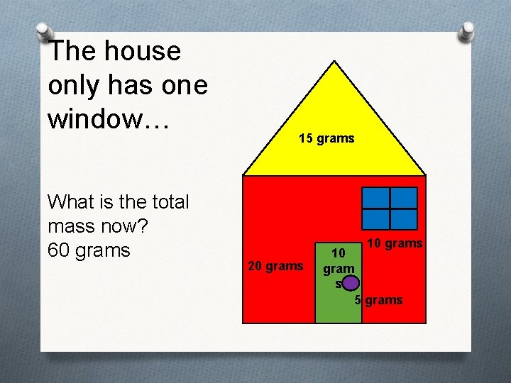 The house only has one window… What is the total mass now? 60 grams