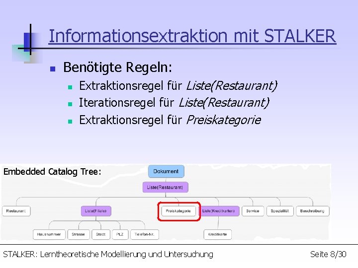 Informationsextraktion mit STALKER n Benötigte Regeln: n n n Extraktionsregel für Liste(Restaurant) Iterationsregel für