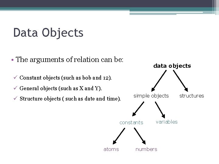 Data Objects • The arguments of relation can be: data objects ü Constant objects