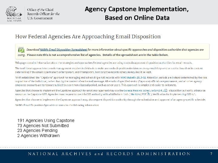 Agency Capstone Implementation, Based on Online Data 191 Agencies Using Capstone 73 Agencies Not Agency Capstone Implementation, Based on Online Data 191 Agencies Using Capstone 73 Agencies Not