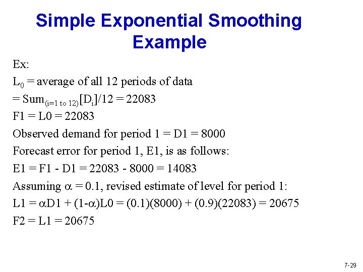 Simple Exponential Smoothing Example Ex: L 0 = average of all 12 periods of