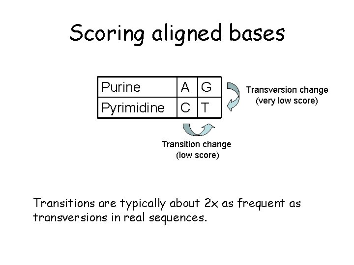 Scoring aligned bases Purine Pyrimidine A G C T Transversion change (very low score)