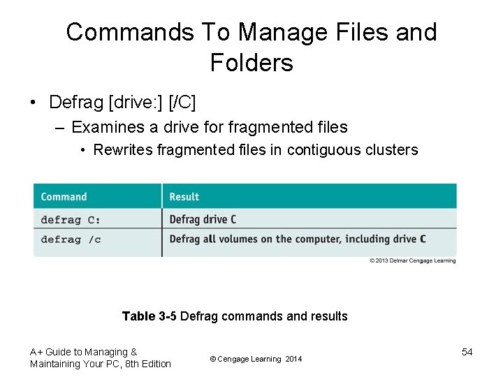 Commands To Manage Files and Folders • Defrag [drive: ] [/C] – Examines a