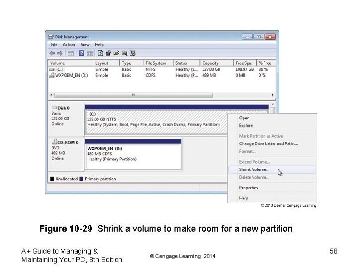 Figure 10 -29 Shrink a volume to make room for a new partition A+