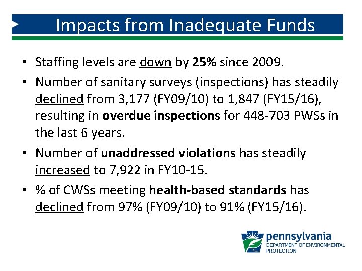 Impacts from Inadequate Funds • Staffing levels are down by 25% since 2009. •