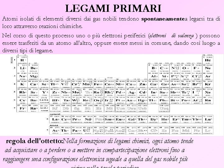 LEGAMI PRIMARI Atomi isolati di elementi diversi dai gas nobili tendono spontaneamentea legarsi tra