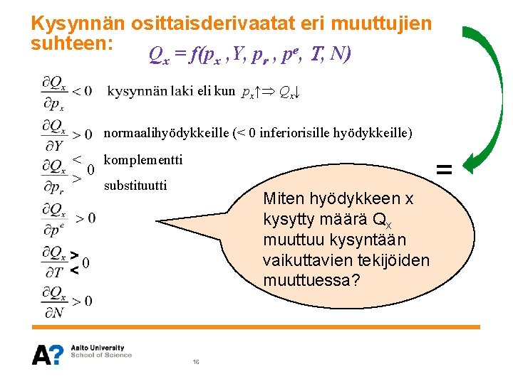 Kysynnän osittaisderivaatat eri muuttujien suhteen: Qx = f(px , Y, pr , pe, ,