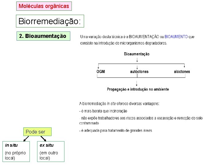 Moléculas orgânicas Biorremediação: 2. Bioaumentação Pode ser in situ ex situ (no próprio local) Moléculas orgânicas Biorremediação: 2. Bioaumentação Pode ser in situ ex situ (no próprio local)