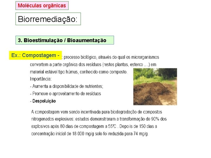 Moléculas orgânicas Biorremediação: 3. Bioestimulação / Bioaumentação Ex. : Compostagem - Moléculas orgânicas Biorremediação: 3. Bioestimulação / Bioaumentação Ex. : Compostagem -
