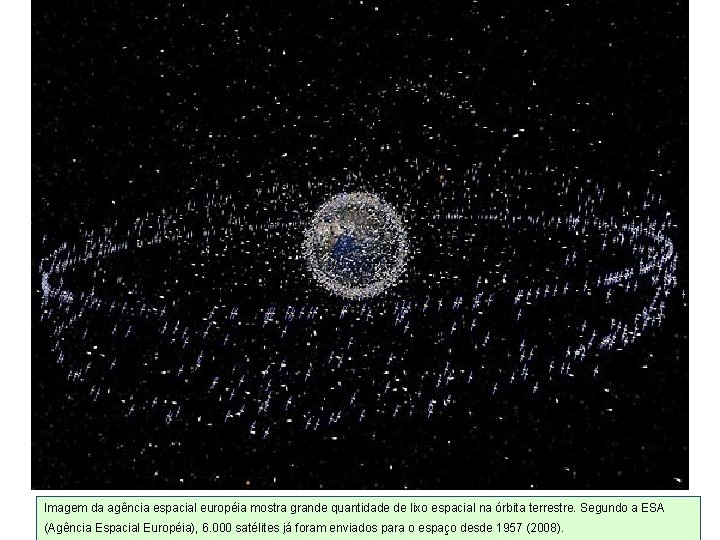 Imagem da agência espacial européia mostra grande quantidade de lixo espacial na órbita terrestre. Imagem da agência espacial européia mostra grande quantidade de lixo espacial na órbita terrestre.