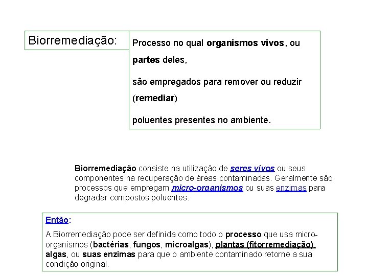 Biorremediação: Processo no qual organismos vivos, ou partes deles, são empregados para remover ou Biorremediação: Processo no qual organismos vivos, ou partes deles, são empregados para remover ou